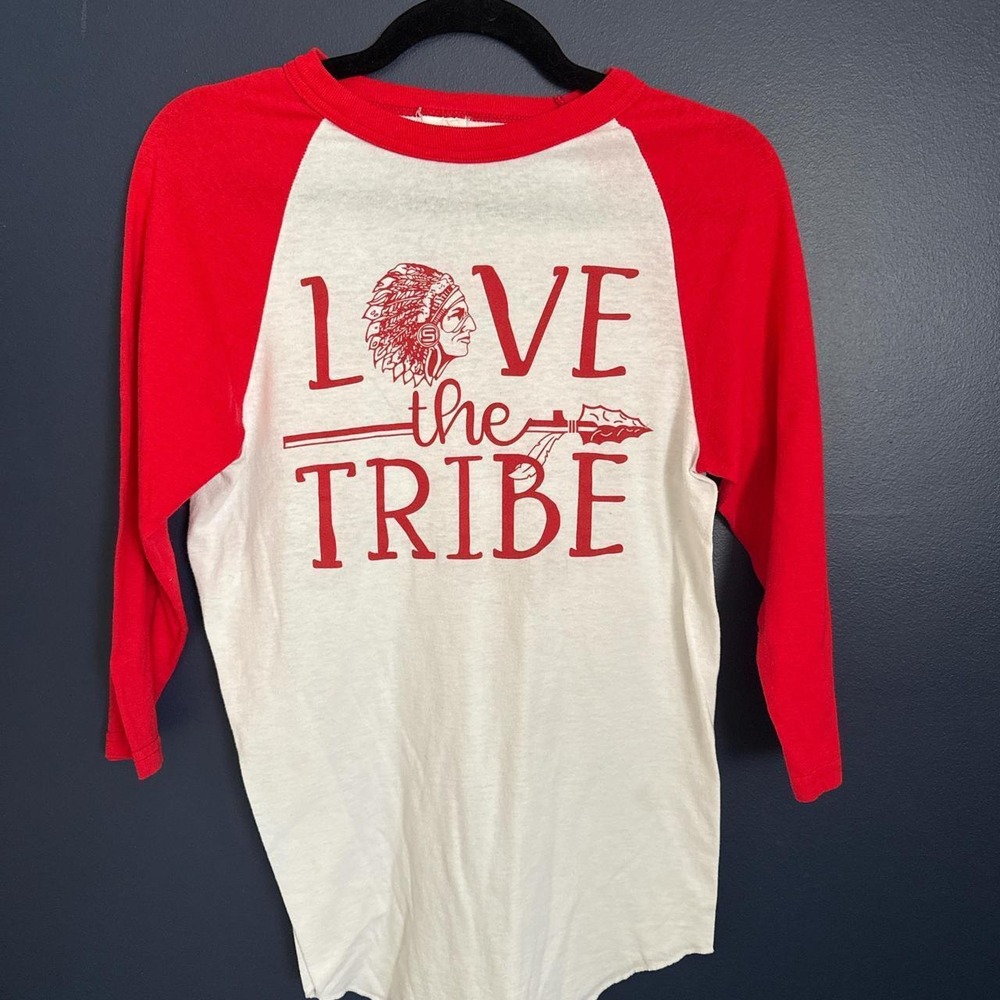 Vintage 1980s Love the Tribe Baseball Tee Red White Womens Raglan Shirt